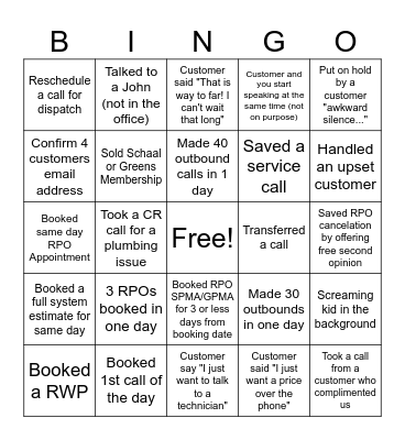 Call Center Bingo Card
