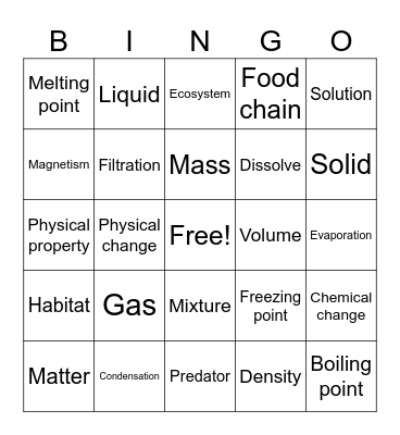 States of Matter Bingo Card