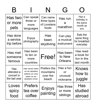 ServeUp New Orelans Bingo Card