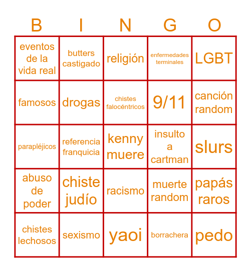 south park Bingo Card