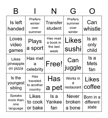 Icebreaker Bingo Card