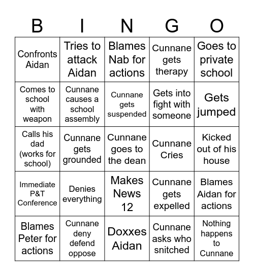 CUNNANE BINGO Card
