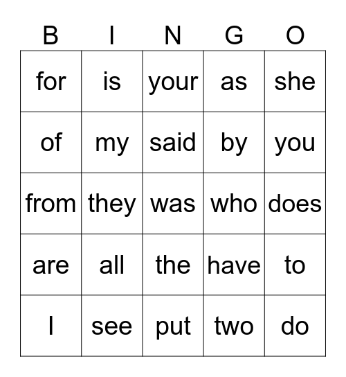 Heart Words Bingo Card