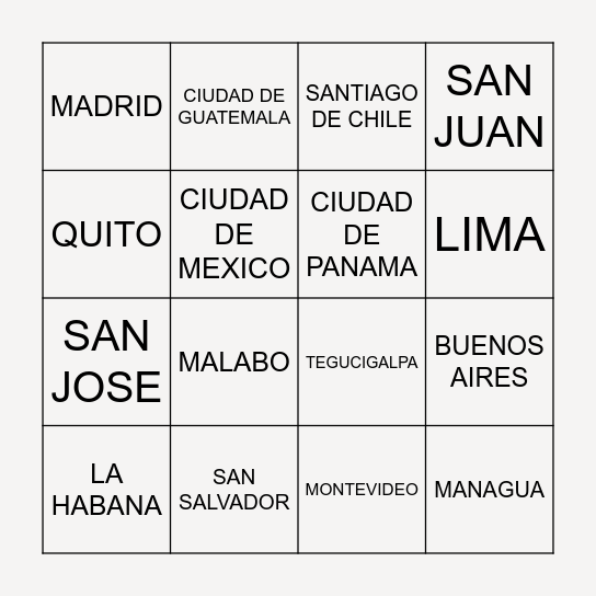 COUNTRIES AND CAPITALS Bingo Card