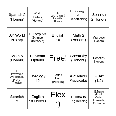 Class Registration Bingo Card