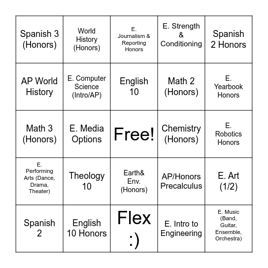 Class Registration Bingo Card