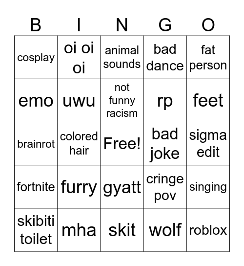Cringe Bingo Card