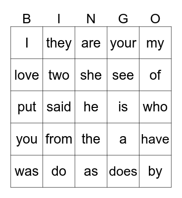 Heart Words Bingo Card