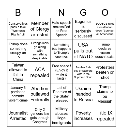 Trump’s March to Fascism Bingo Card