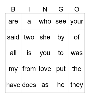 Heart Words Bingo Card