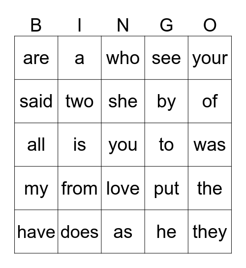 Heart Words Bingo Card
