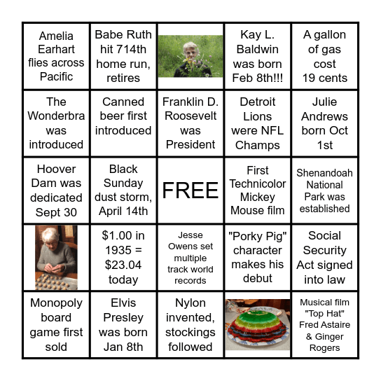 HAPPY BIRTHDAY!!! 1935 - What a year! Bingo Card