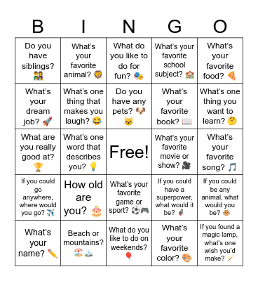 Get to know me Bingo Card
