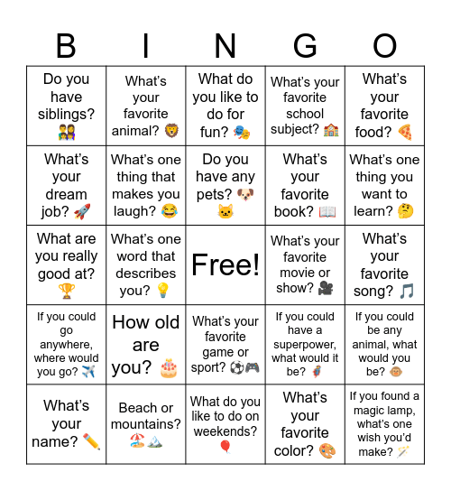 Get to know me Bingo Card