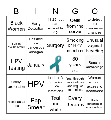 Cervical Cancer Awareness Bingo Card