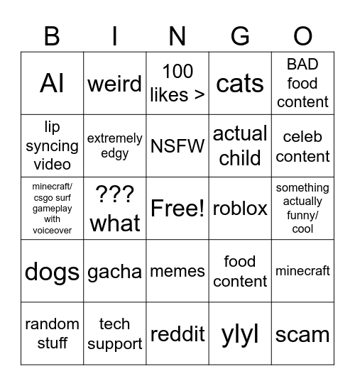 youtube shorts bingo Card