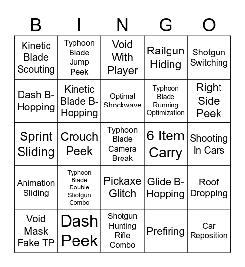 Fortnite Tech Bingo Card