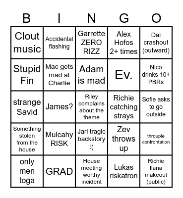 Toga Social Bingo Card