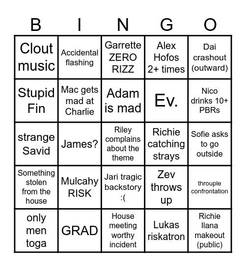 Toga Social Bingo Card