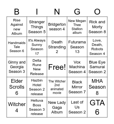 2025 Entertainment Bingo Card