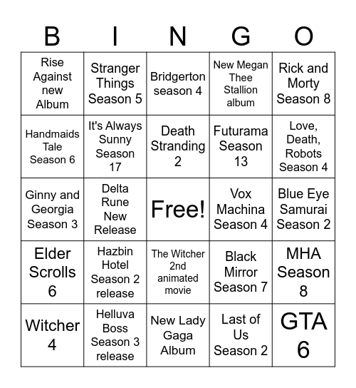 2025 Entertainment Bingo Card