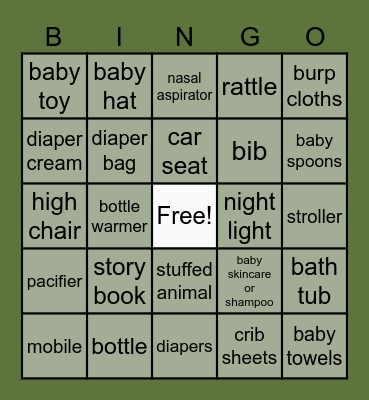 Baby Shower Bingo! Bingo Card