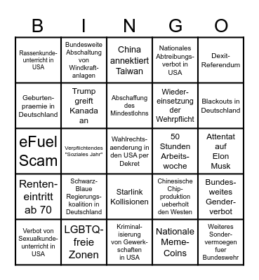 2025 - 2030 Bingo Card