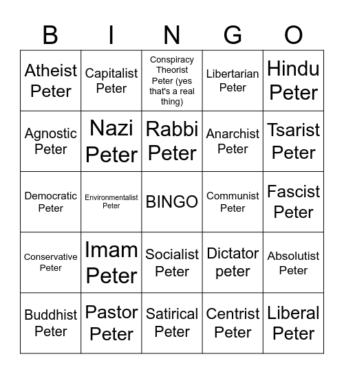 Instagram Politcal Brainrot Peter Griffin Bingo Card