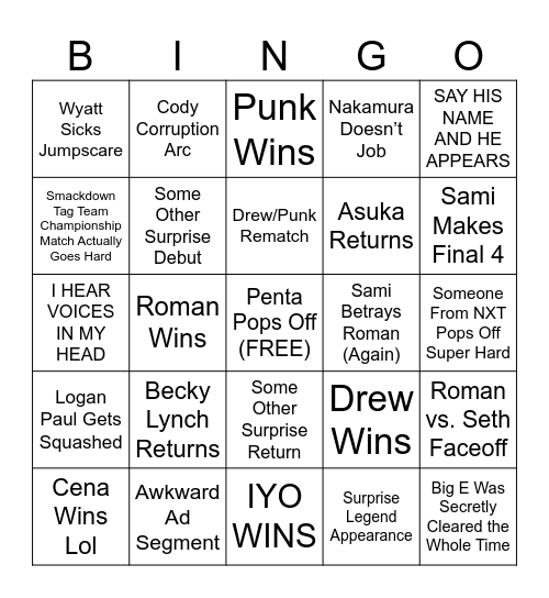 Royal Rumble 2025 Bingo Card