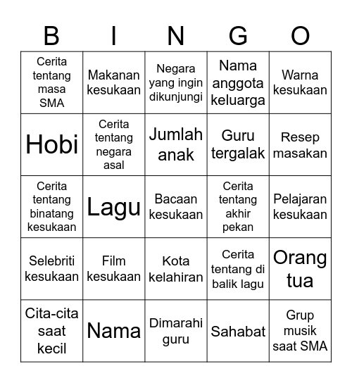Perkenalan Diri Bingo Card