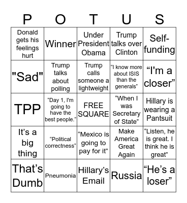 Pant Suit Bingo Card