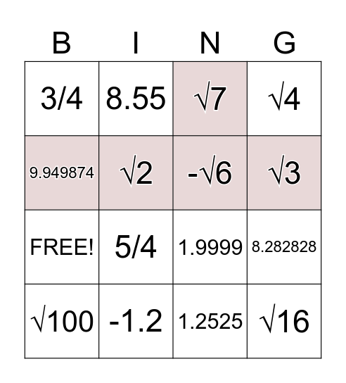 Irrational & Rational Numbers Bingo Card