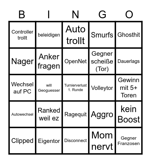 Rocket League Bingo Card