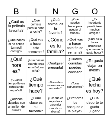 Spanish Conversation Bingo Card