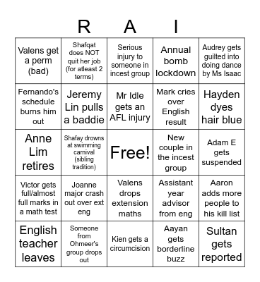 2025 Raihanna Bingo Card