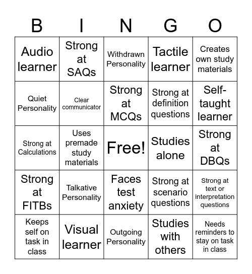 Study Buddy Bingo Card
