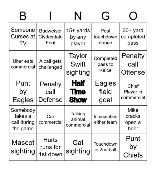 Super Bowl LIX Bingo Card