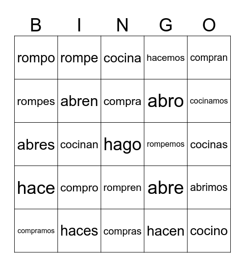 Famila Y Fiestas verbs conjugated Bingo Card