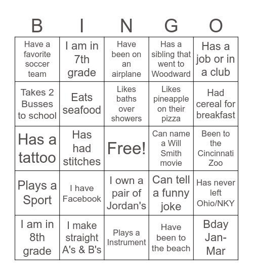 WHS Bingo Card