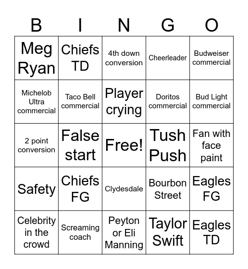 Super Bowl Bingo Card