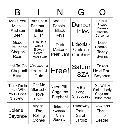 2025 Grammy Noms Bingo Card