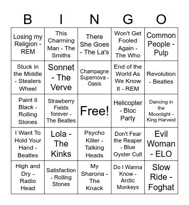 British Invasion Bingo Card