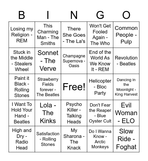 British Invasion Bingo Card