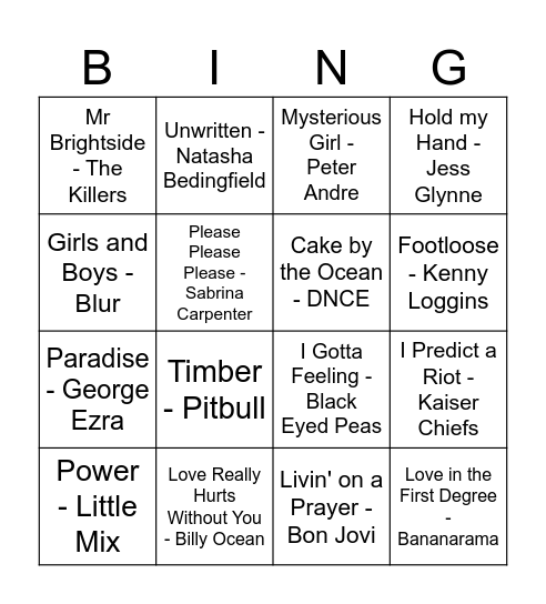 Bingo Music - Individual Bingo Card