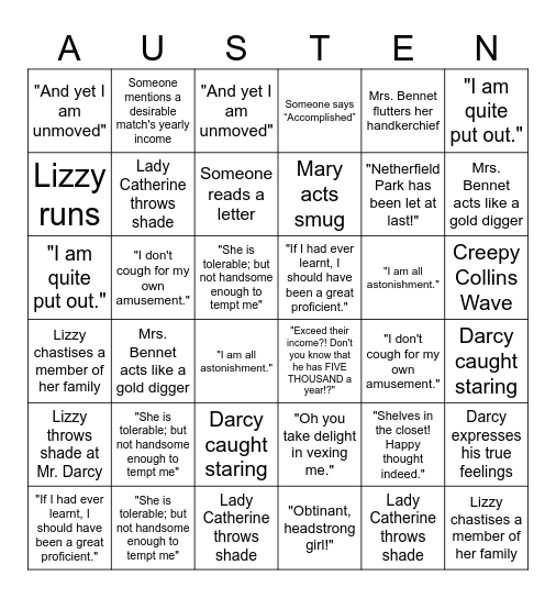 Pride and Prejudice (1995) Bingo Card