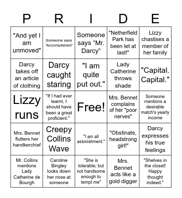 Pride and Prejuice Bingo Card