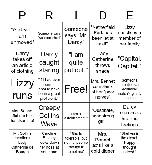 Pride and Prejuice Bingo Card
