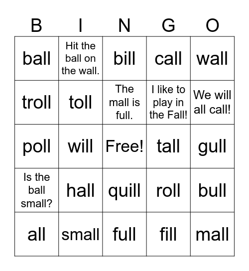 -all, -oll, -ull Bingo Card