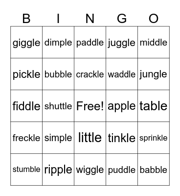 Final Stable Syllable Bingo Card