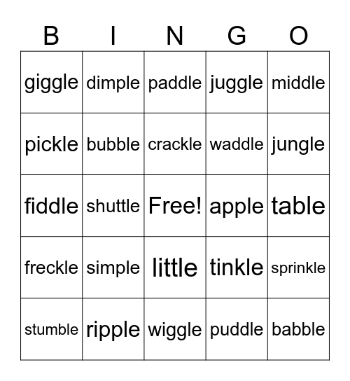 Final Stable Syllable Bingo Card